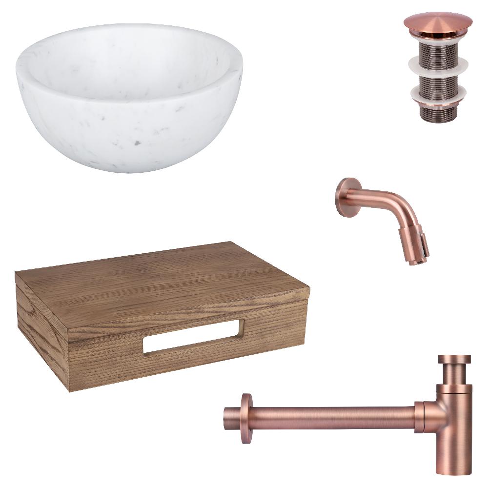 differnz Differnz Ruz fonteinset – waskom marmer – muurkraan 11 cm rood koper – inclusief wastafelplank donker eiken