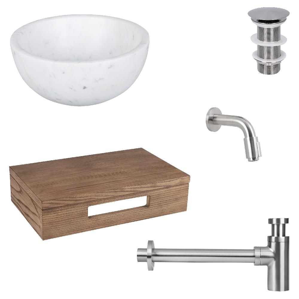 differnz Differnz Ruz fonteinset – waskom marmer – muurkraan 11 cm mat chroom – inclusief wastafelplank donker eiken