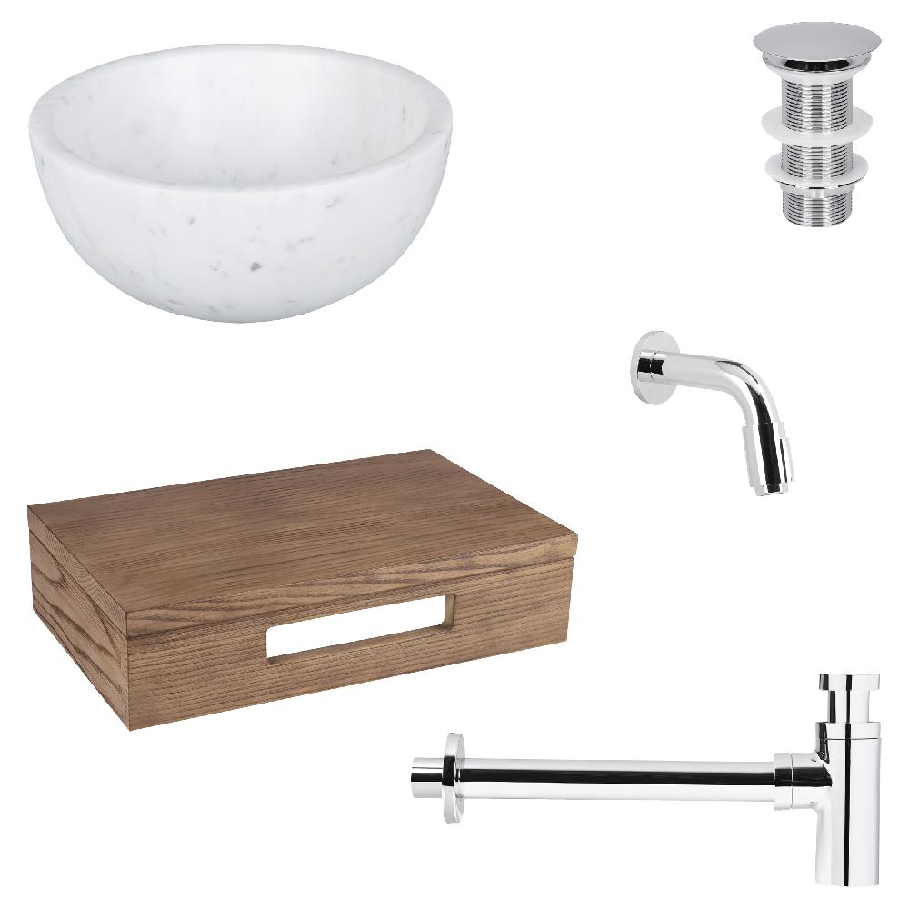 differnz Differnz Ruz fonteinset – waskom marmer – muurkraan 11 cm chroom – inclusief wastafelplank donker eiken