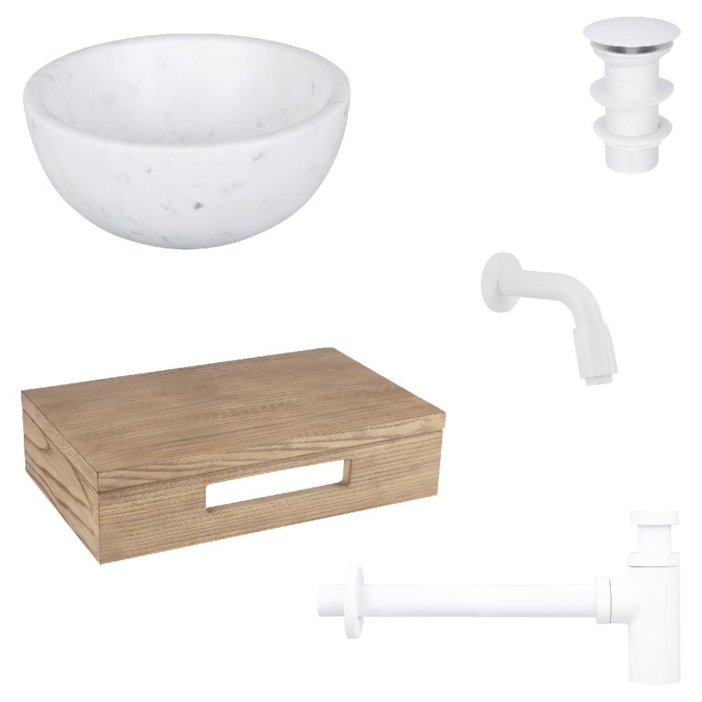 differnz Differnz Ruz fonteinset – waskom marmer – muurkraan 11 cm mat wit – inclusief wastafelplank licht eiken