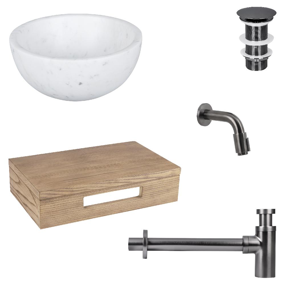 differnz Differnz Ruz fonteinset – waskom marmer – muurkraan 11 cm gun metal – inclusief wastafelplank licht eiken