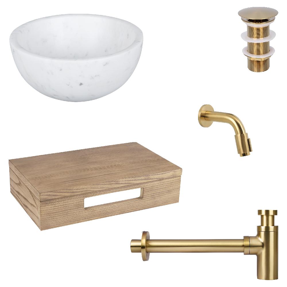 differnz Differnz Ruz fonteinset – waskom marmer – muurkraan 11 cm mat goud – inclusief wastafelplank licht eiken