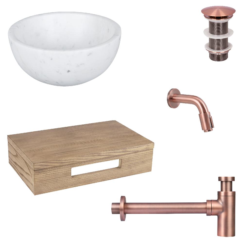 differnz Differnz Ruz fonteinset – waskom marmer – muurkraan 11 cm rood koper – inclusief wastafelplank licht eiken