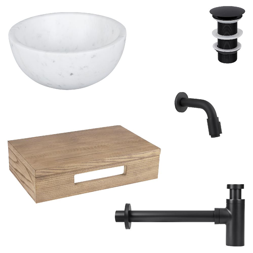 differnz Differnz Ruz fonteinset – waskom marmer – muurkraan 11 cm mat zwart – inclusief wastafelplank licht eiken