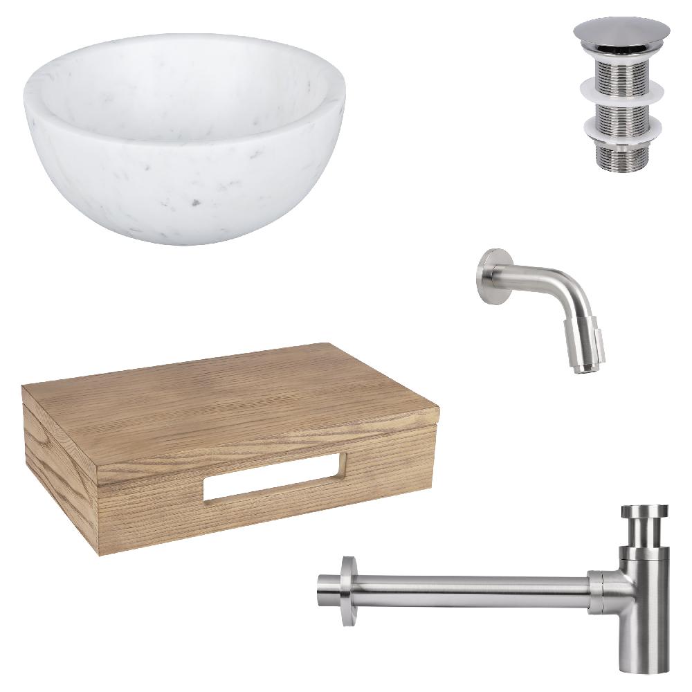 differnz Differnz Ruz fonteinset – waskom marmer – muurkraan 11 cm mat chroom – inclusief wastafelplank licht eiken