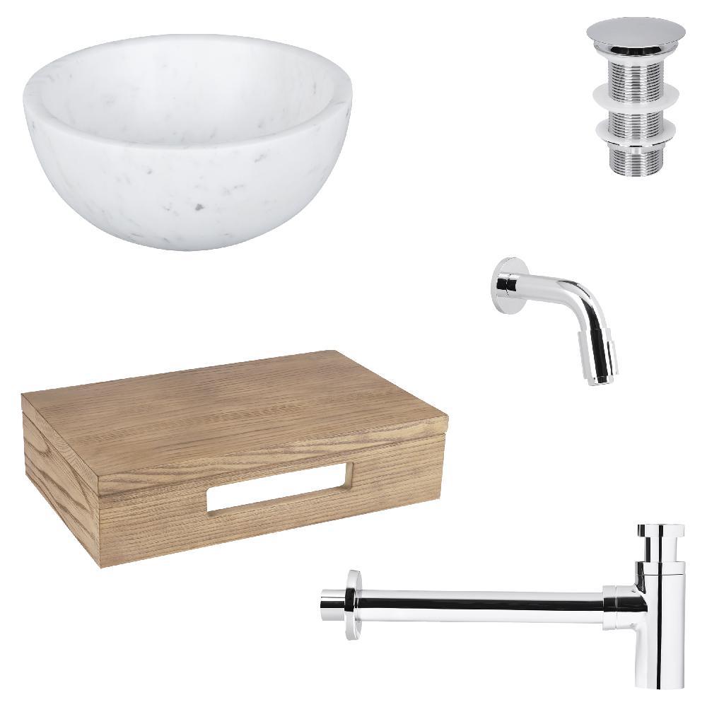 differnz Differnz Ruz fonteinset – waskom marmer – muurkraan 11 cm chroom – inclusief wastafelplank licht eiken