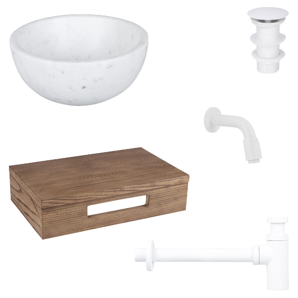 differnz Differnz Ruz fonteinset – waskom marmer – muurkraan 11 cm mat wit – inclusief wastafelplank donker eiken