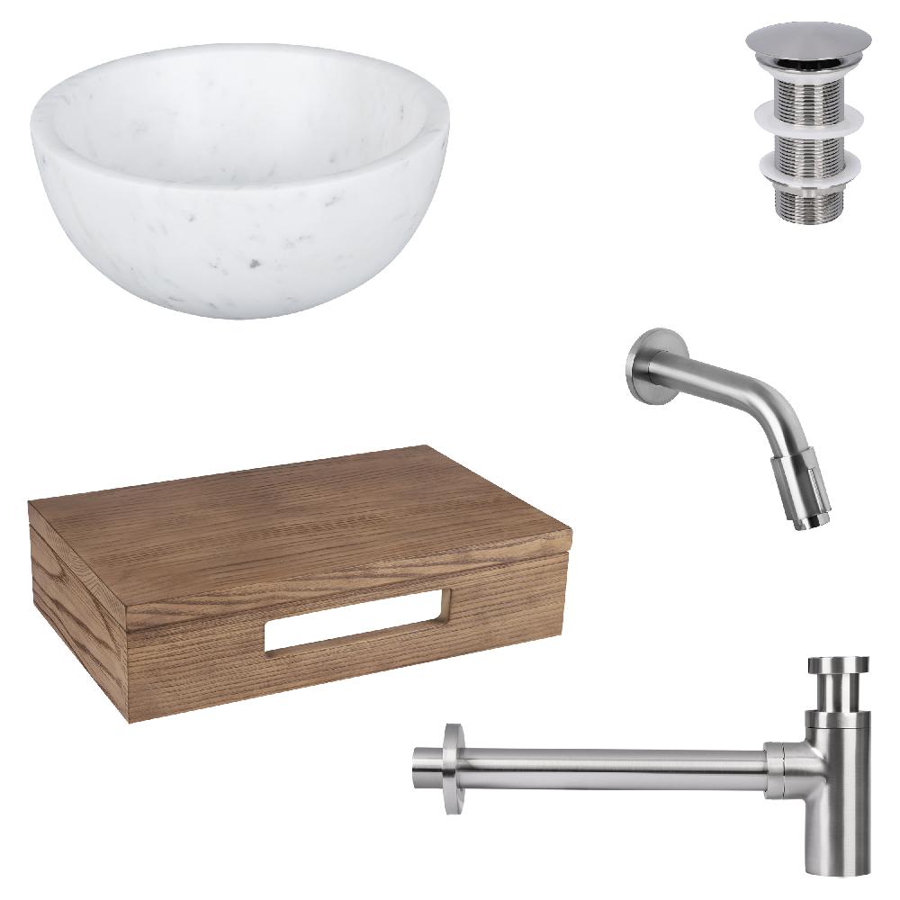 differnz Differnz Ruz fonteinset – waskom marmer – muurkraan 15 cm mat chroom – inclusief wastafelplank donker eiken