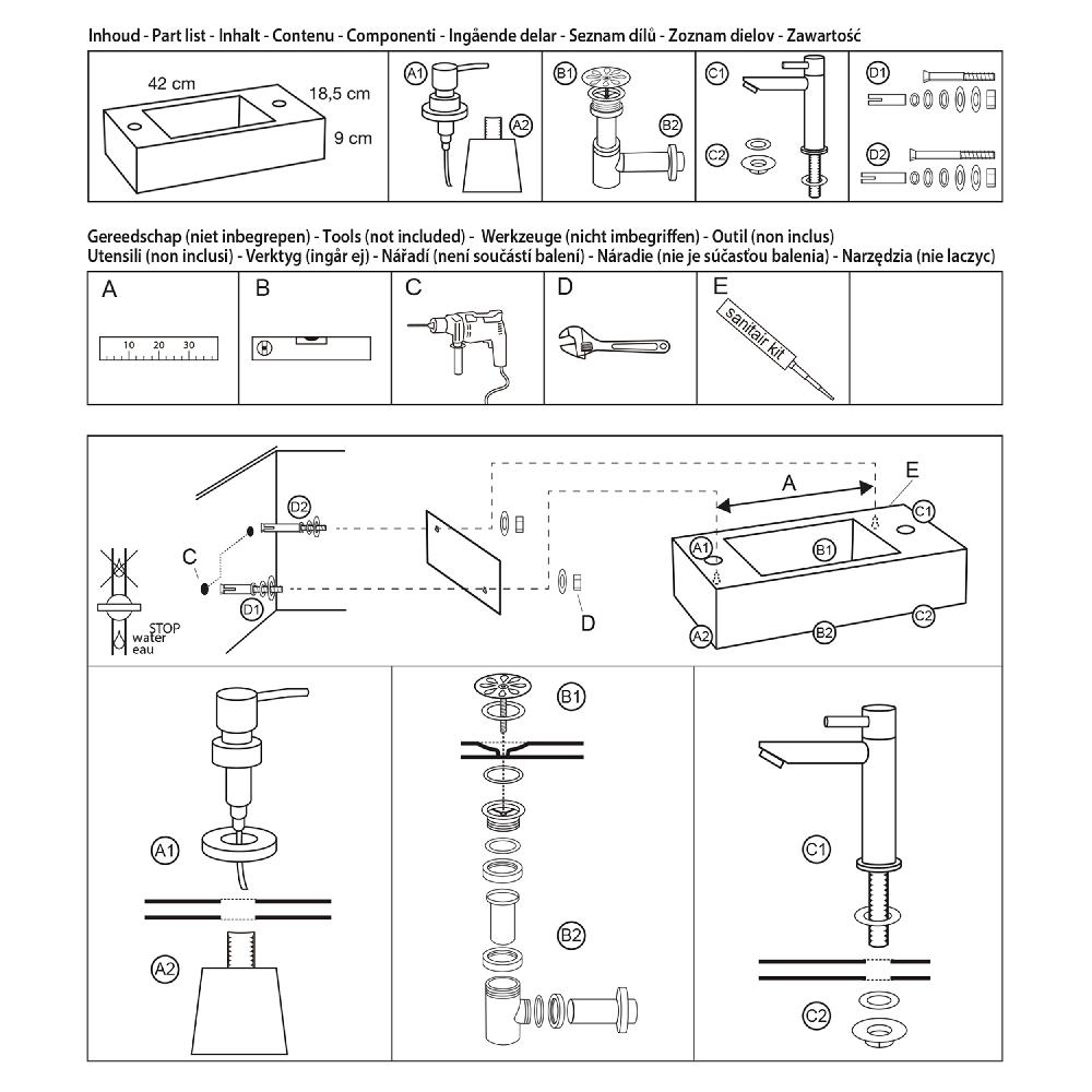 Differnz Differnz Sapon Fonteinset – Met Zeepdispenser Zwart – Keramiek Wit – Kraan Recht Zwart – 42.5 X 18.5 X 9 Cm