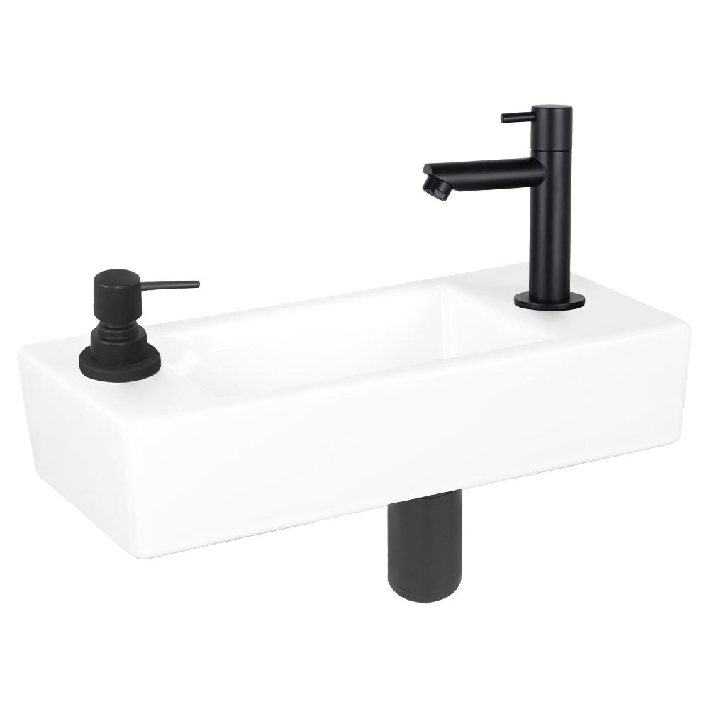 differnz Differnz Sapon fonteinset – met zeepdispenser zwart – keramiek wit – kraan recht zwart – 42.5 x 18.5 x 9 cm