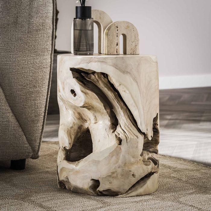 Dimehouse Bijzettafel Rond Brett Teakhout Boomstam White Wash Ø30 Cm