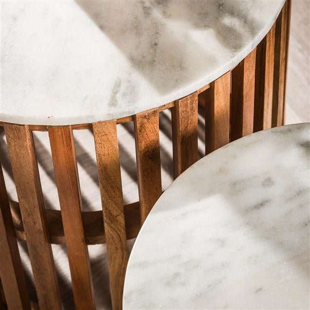 Dimehouse Bijzettafel Set Van 2 Louis Mangohout Marmer Wit Ø47-Ø36 Cm