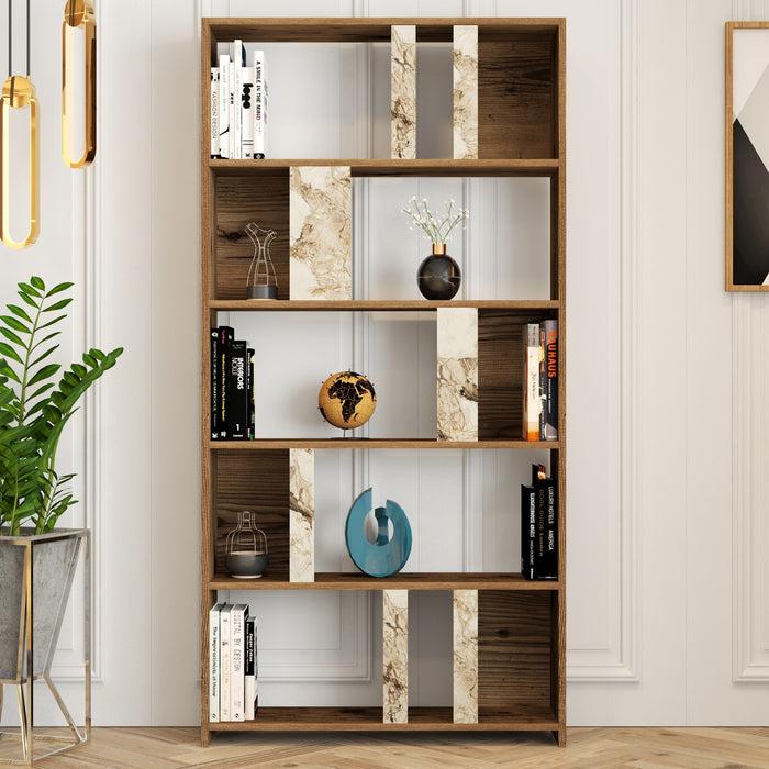 Dimehouse Boekenkast Lima Walnoot Wit Marmer Melamine 90x180x20 Cm