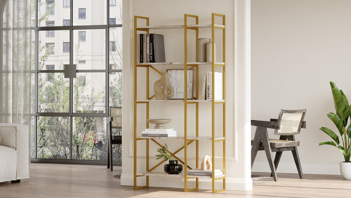 Dimehouse Boekenkast Valdis Marmer Wit Goud Melamine 87 5x175x30 Cm