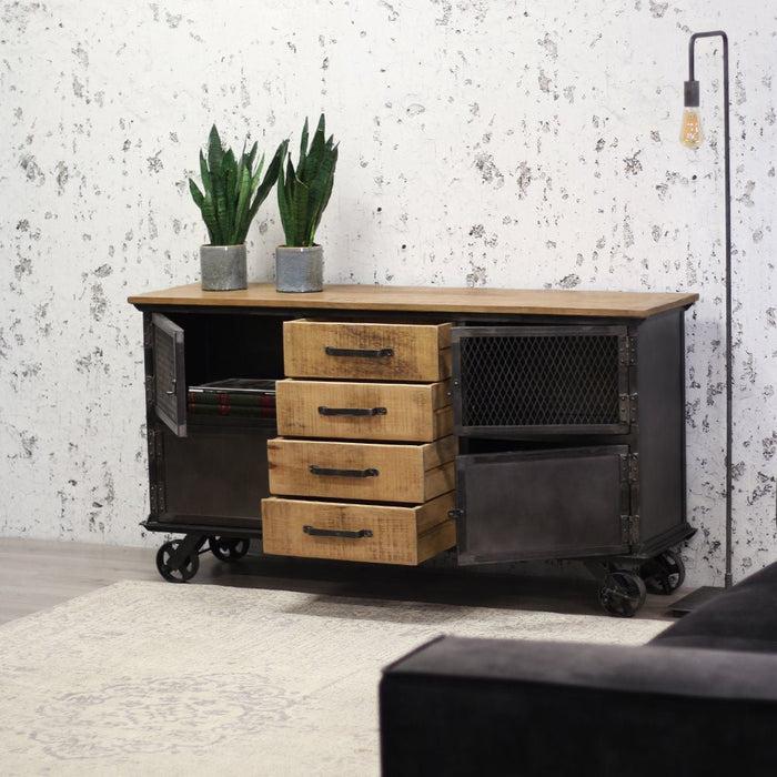 Dimehouse Industrieel Dressoir Op Wielen Bryce Metaal Mangohout 153x40 Cm