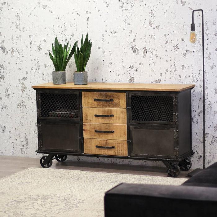 Dimehouse Industrieel Dressoir Op Wielen Bryce Metaal Mangohout 153x40 Cm