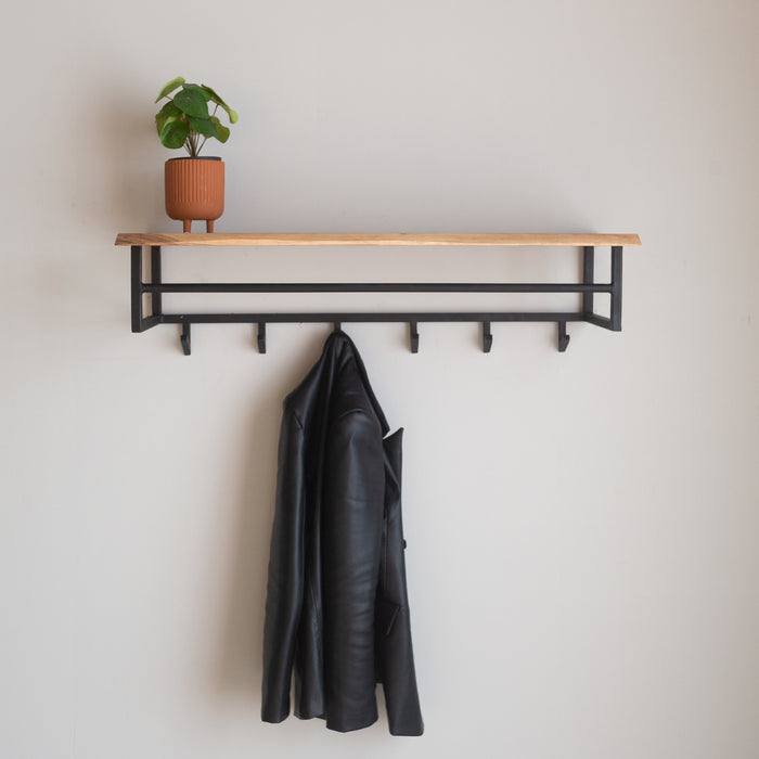 Dimehouse Industriële Kapstok Niels 6-haaks Acaciahout - Met Hoedenplank