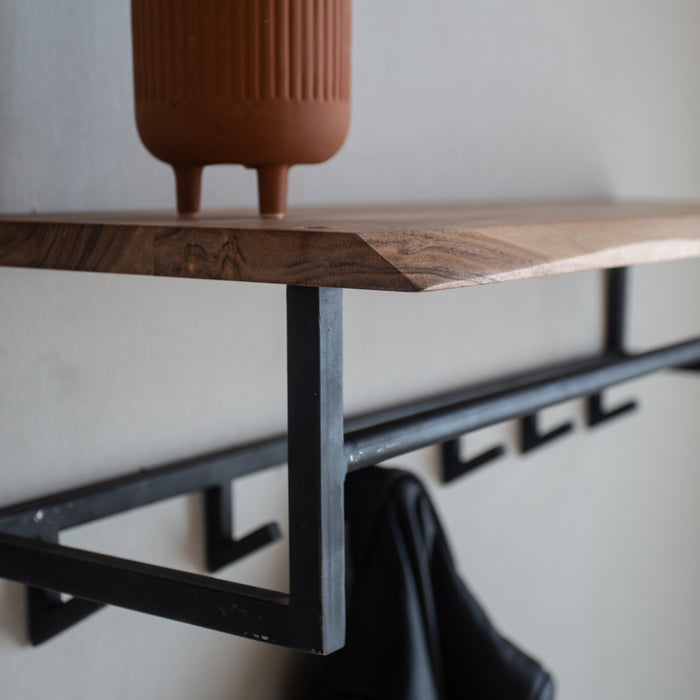 Dimehouse Industriële Kapstok Niels 6-haaks Acaciahout - Met Hoedenplank