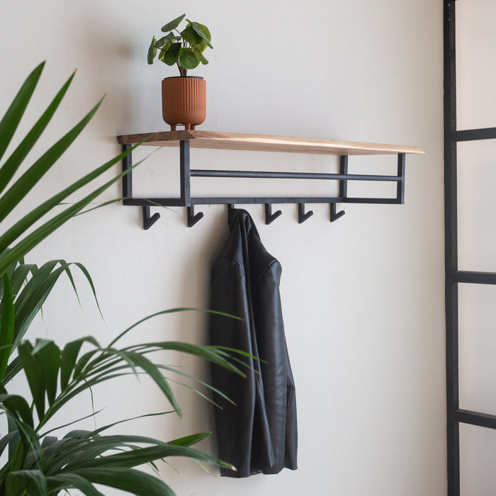 dimehouse Industriële Kapstok Niels 6-haaks Acaciahout - Met Hoedenplank