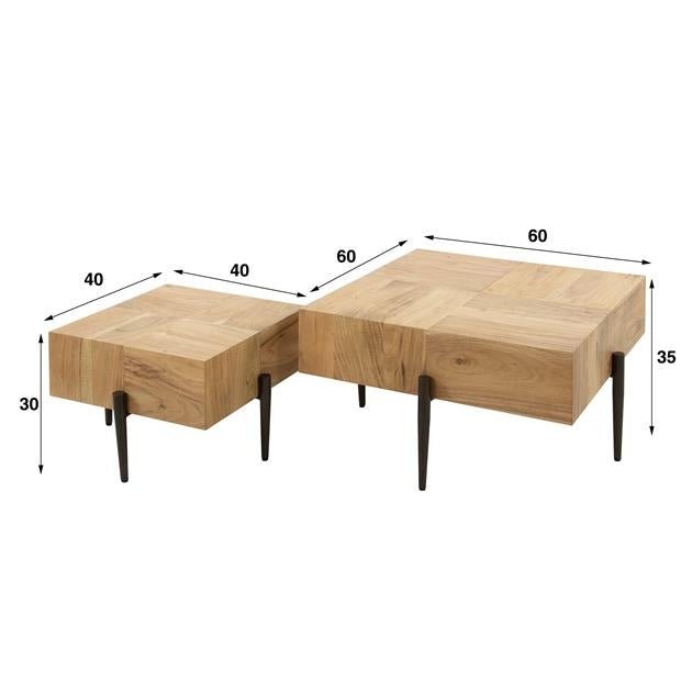 Dimehouse Industriële Salontafel Set Van 2 Daantje Vierkant Acaciahout 60x60 / 40x40 Cm