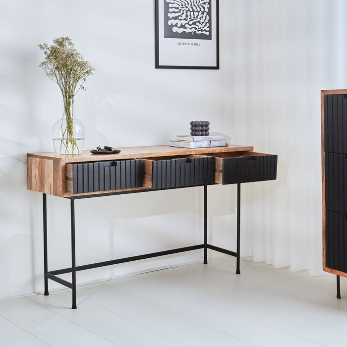 Dimehouse Industriële Sidetable Felix 3 Lades Zwart Mangohout 135x40 Cm