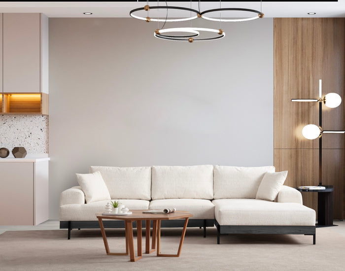 dimehouse Moderne Hoekbank Rechts Eti Stof Wit - Zwart Houten Frame