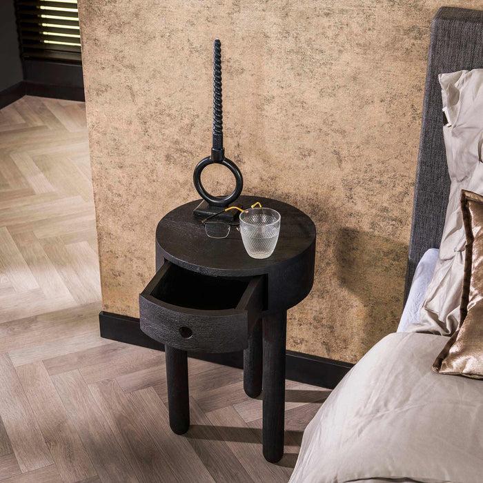 Dimehouse Rond Nachtkastje Davey Zwart Acaciahout 1 Lade