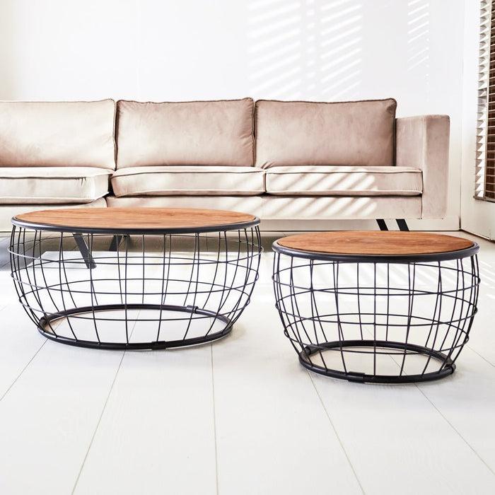 Dimehouse Ronde Industriële Salontafel Set Van 2 Massief Mangohout Mace Ø77/Ø52