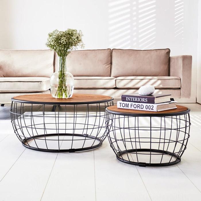 dimehouse Ronde Industriële Salontafel Set van 2 Massief Mangohout Mace Ø77/Ø52