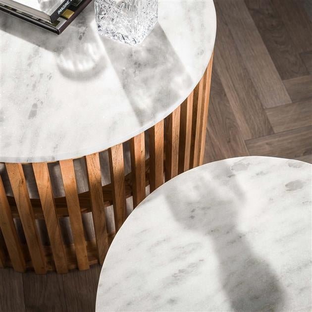 Dimehouse Salontafel Set Van 2 Louis Mangohout Marmer Wit Ø50-Ø65 Cm