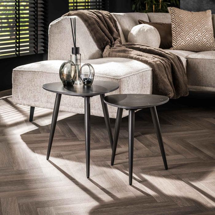 dimehouse Set van 2 Bijzettafels Sophie Driehoekig Keramiek met Marmereffect Zwart