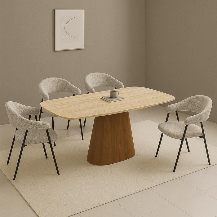 Dimehouse Sintered Stone Marmerlook Travertine Eettafel Lea 180x90 Cm - Walnoot Frame - Deens Ovaal