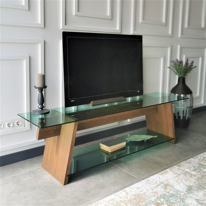 Dimehouse TV Meubel Coral Walnoot Groen Glas 158x45x40 Cm
