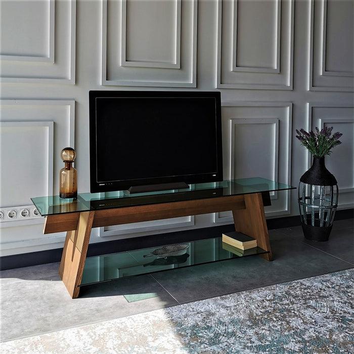 dimehouse TV Meubel Coral Walnoot Groen Glas 158x45x40 cm