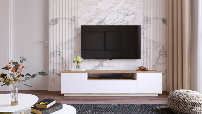 Dimehouse TV Meubel Salerno Atlantisch Dennenhout Wit Melamine 180x44 6x44 5 Cm