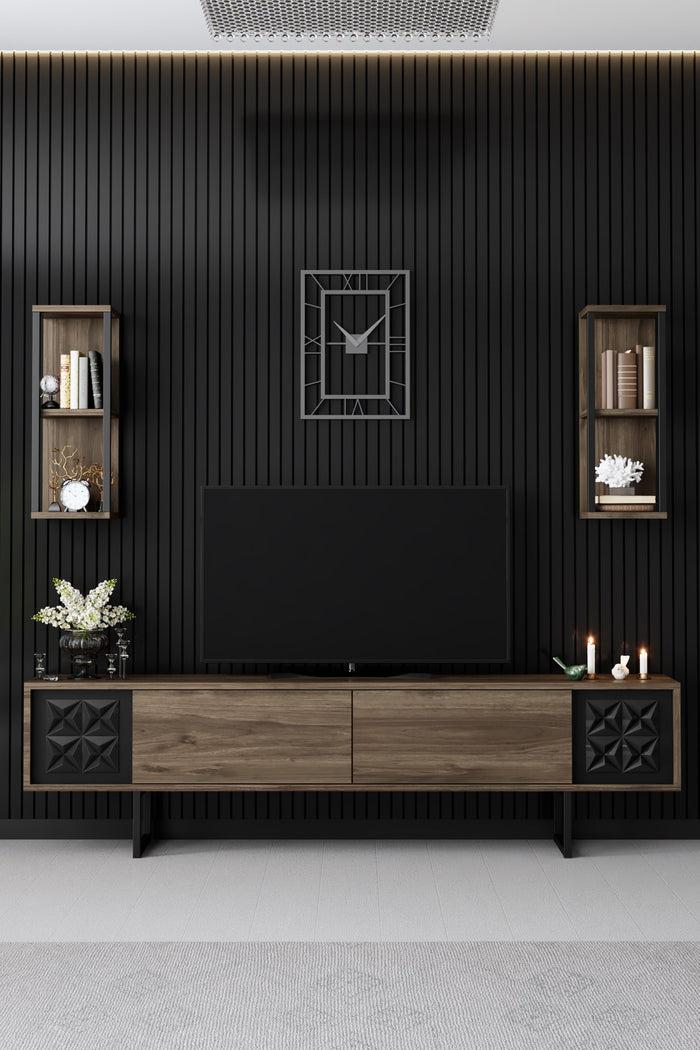 Dimehouse TV Meubel Set Black Line Walnoot Zwart Melamine 180x48x30 Cm