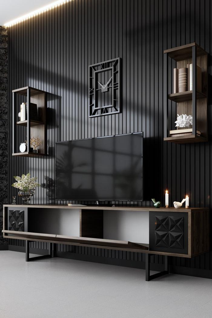 Dimehouse TV Meubel Set Black Line Walnoot Zwart Melamine 180x48x30 Cm