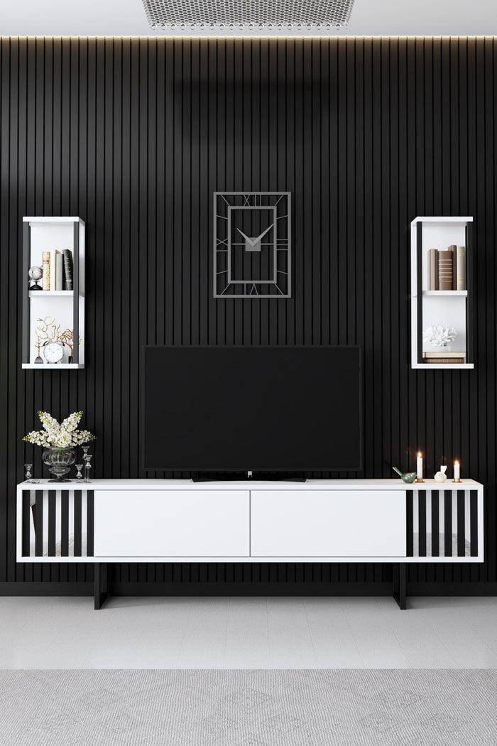 Dimehouse TV Meubel Set Chrome Line Wit Zwart Melamine 180x48x30 Cm
