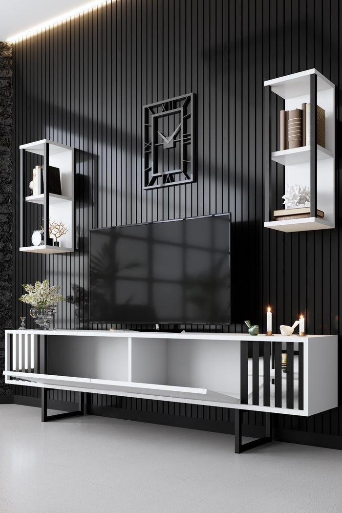 Dimehouse TV Meubel Set Chrome Line Wit Zwart Melamine 180x48x30 Cm