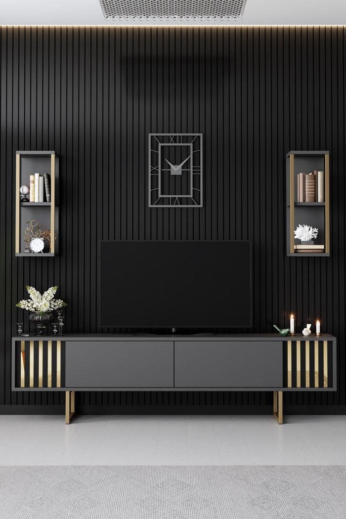 Dimehouse TV Meubel Set Gold Line Antraciet Zwart Melamine 180x48x30 Cm