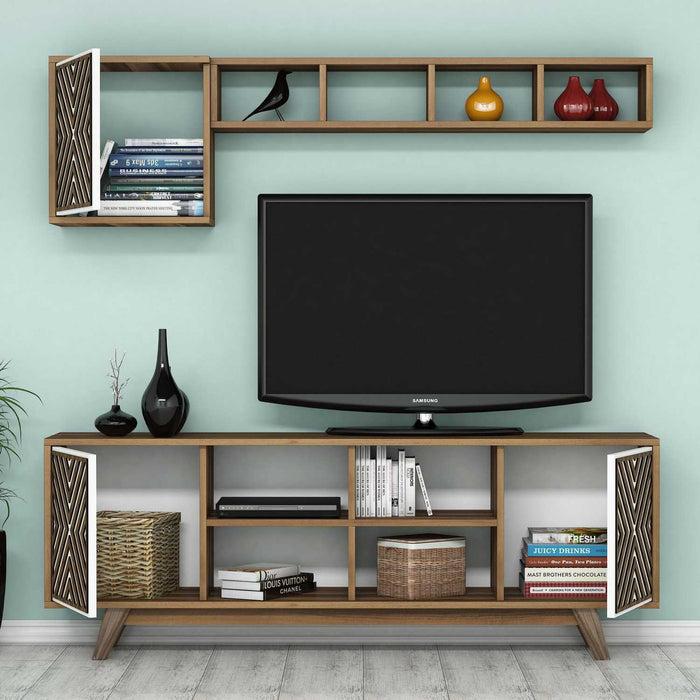 Dimehouse TV Meubel Set Inci Walnoot Wit Melamine 160x56 2x35 Cm