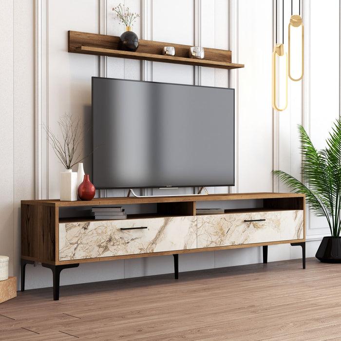 Dimehouse TV Meubel Set Istanbul Walnoot Wit Marmer Melamine 180x47x35 Cm