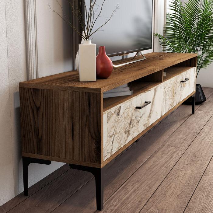 Dimehouse TV Meubel Set Istanbul Walnoot Wit Marmer Melamine 180x47x35 Cm