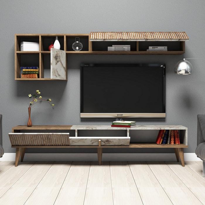 Dimehouse TV Meubel Set Milan Walnoot Wit Marmer Melamine 180x40x35 Cm