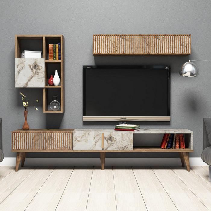 Dimehouse TV Meubel Set Milan Walnoot Wit Marmer Melamine 180x40x35 Cm