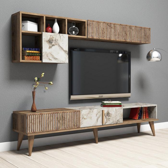 Dimehouse TV Meubel Set Milan Walnoot Wit Marmer Melamine 180x40x35 Cm