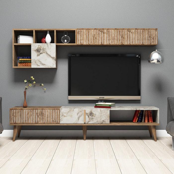 dimehouse TV Meubel Set Milan Walnoot Wit Marmer Melamine 180x40x35 cm