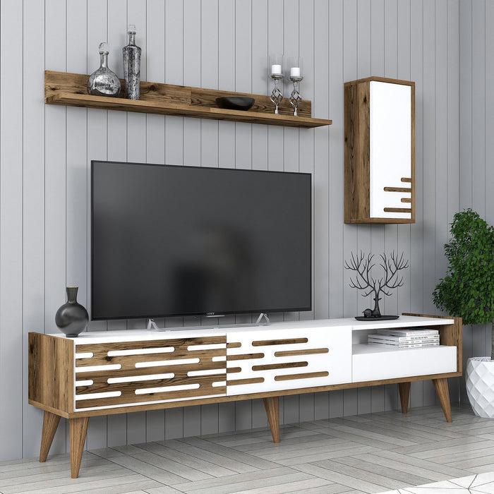 Dimehouse TV Meubel Set Valensiya Walnoot Wit Melamine 180x35x45 Cm