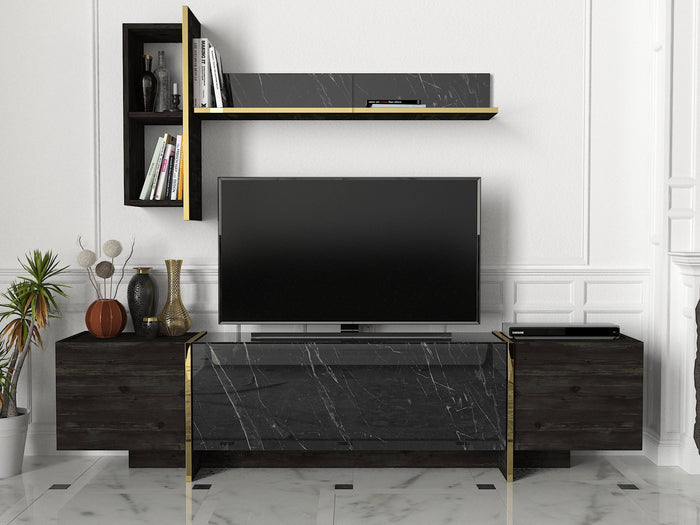 Dimehouse TV Meubel Set Veyron Zwart Goud Melamine 180x45x32 3 Cm