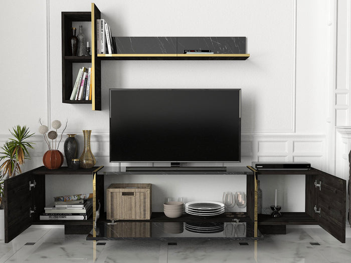 Dimehouse TV Meubel Set Veyron Zwart Goud Melamine 180x45x32 3 Cm